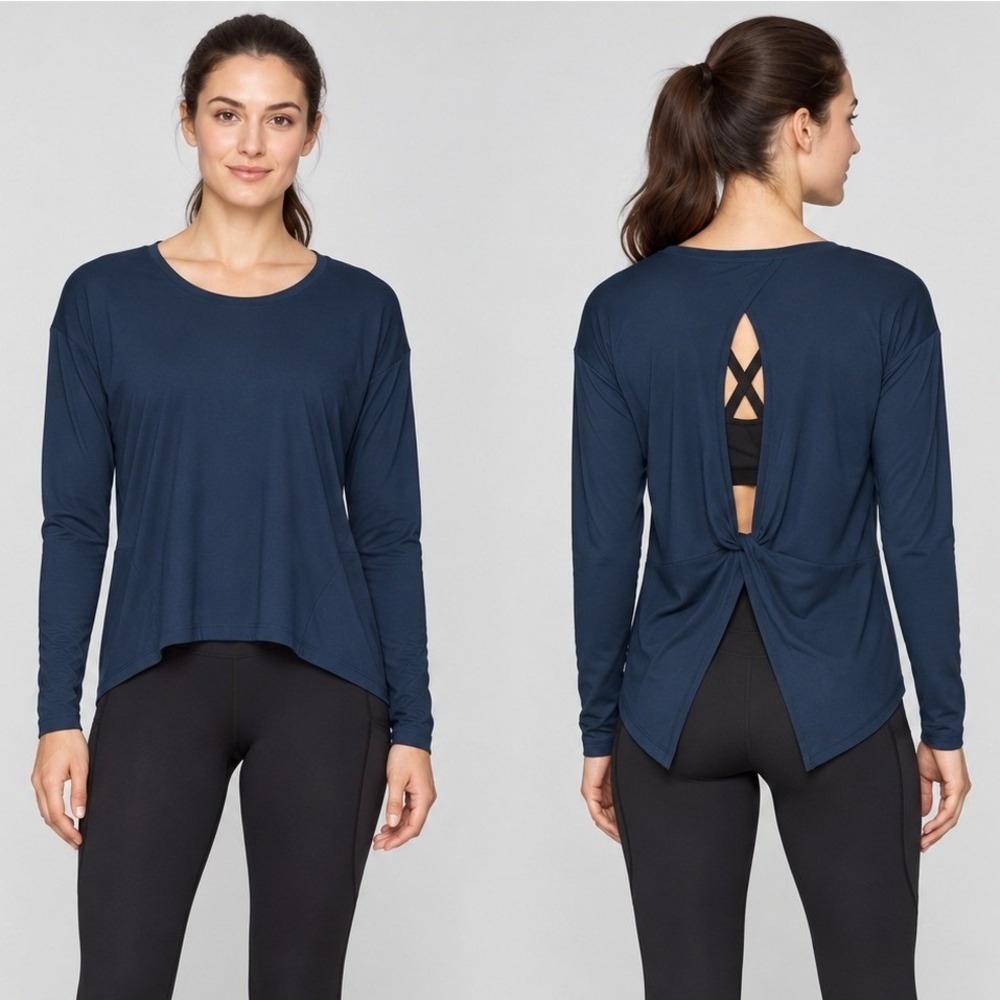 Athleta Essence Twist Back Top Size Small Navy Blue Long Sleeve Yoga Sporty